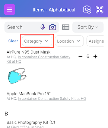 Item list page showing category filter in search bar