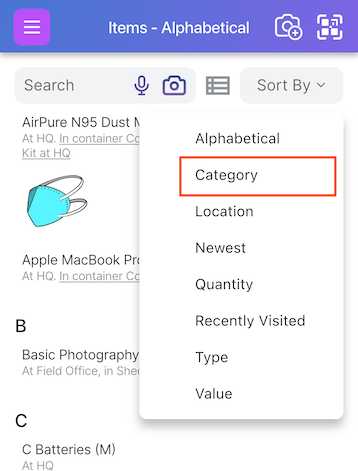 Item list page showing Sort By Category option