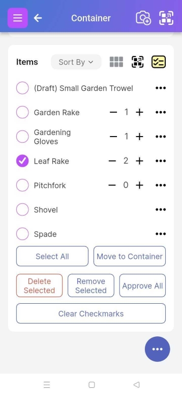 Image of items in a container with the checklist enabled