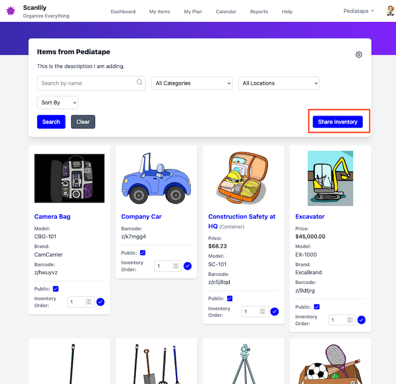 Items shown on the Inventory View
