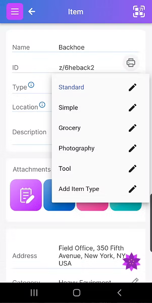 Item screen with Item Type clicked on showing the list of possible Item Types a user has defined