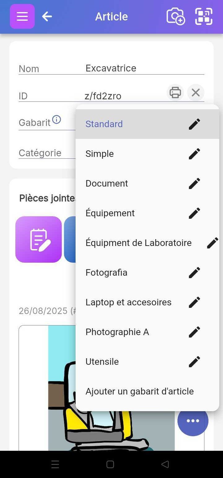 Écran d'article avec "Type d'article" cliqué, affichant la liste des types d'article possibles définis par l'utilisateur.