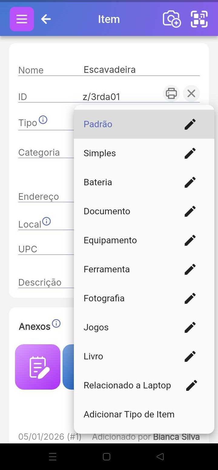 Tela de item com o Tipo de Item clicado, mostrando a lista de Tipos de Item possíveis que um usuário definiu.