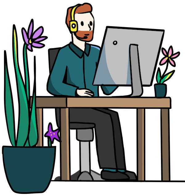 Illustration of IT guy working on a desk behind a computer. The back of the computer monitor has a Scanlily QR sticker on it
