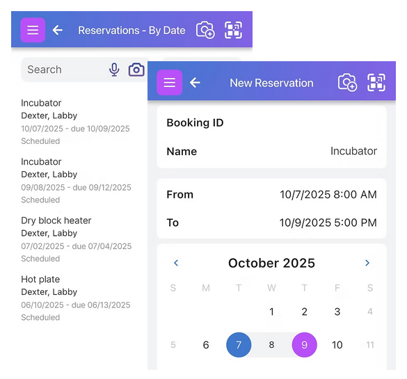 Two Scanlily screens: one showing the calendar for an item reservation and another showing the list of reservations