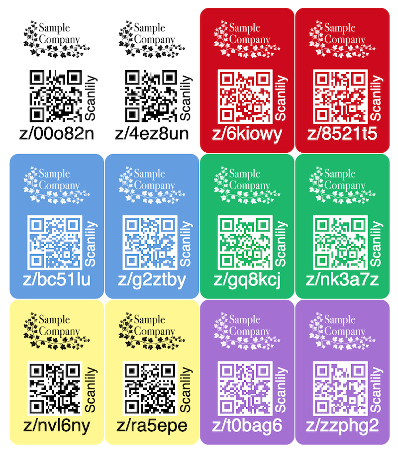 Example of labels with white text logo on colored backgrounds