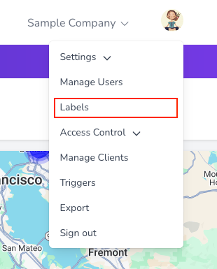 User profile menu showing Labels option