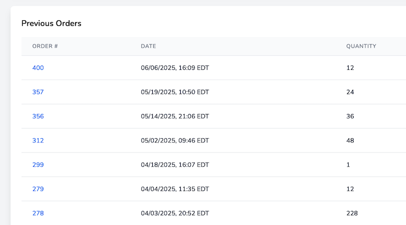 Previous orders section showing order history