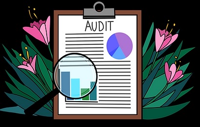A magnifying glass magnifies a graph on a clipboard labeled "Audit." Lilies appear behind the clipboard