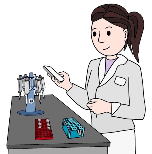 Female scientist scanning a Scanlily sticker affixed to lab equipment