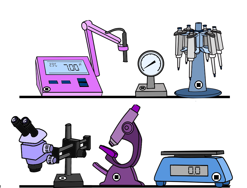 Laboratory instruments on two shelves with Scanlily labels affixed