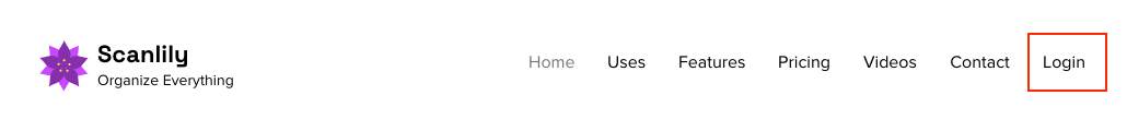 Scanlily public website with Login button in upper right