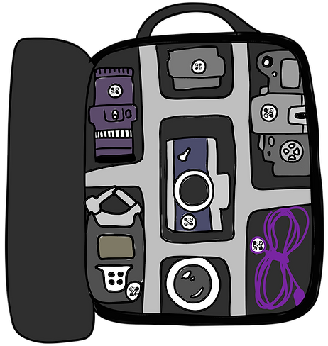 Illustration of camera bag with camera equipment inside, each with a Scanlily QR sticker on it