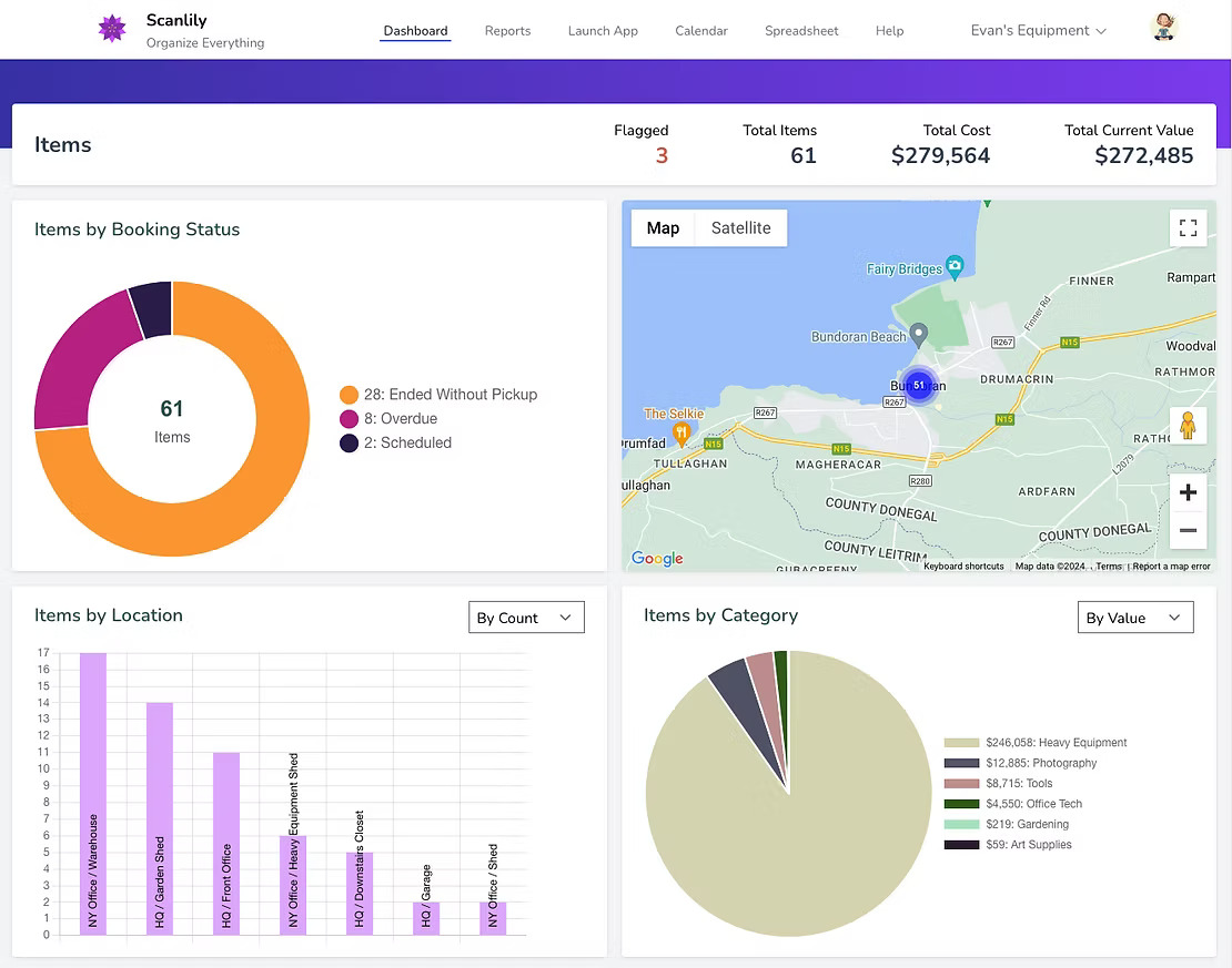 Scanlily web dashboard showing panels that visually depic Items by Booking Status, Items by Location, Items by Category and also a map showing the locations of items.