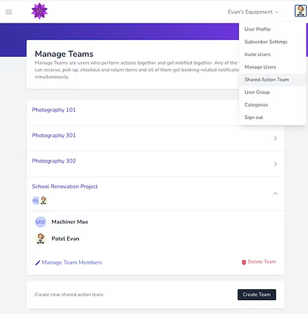 Team management page on User Website