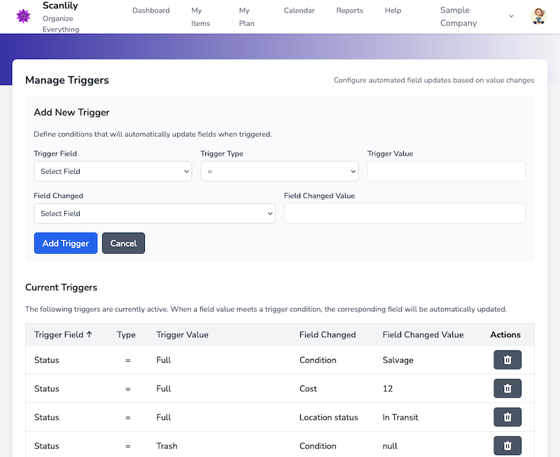 Manage Triggers page showing Add New Trigger form and Current Triggers list