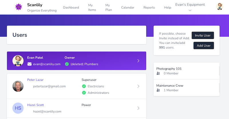 Manage Users page showing user list with Invite User and Add User buttons