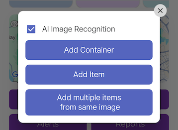 Popup with options for adding items: Add Container, Add Item and Add multiple items from same image