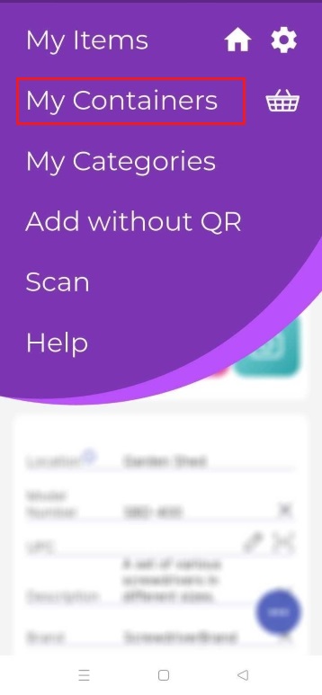 Image of Containers highlighted on the main menu