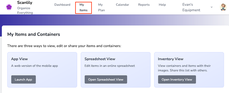 My Items submenu showing App View, Spreadsheet View, and Inventory View options
