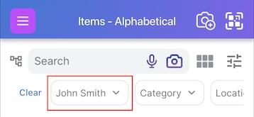 Item list filtered by John Smith with the customer name shown in the filter bar and a Clear button