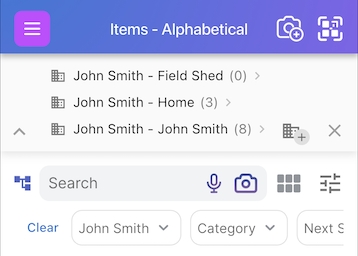 Navigate panel showing John Smith&rsquo;s three addresses: Field Shed, Home, and John Smith, with item counts