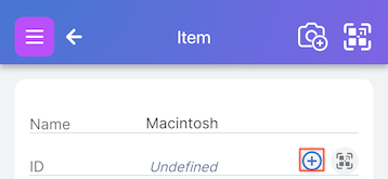 Item field showing null ID with + symbol to generate QR code