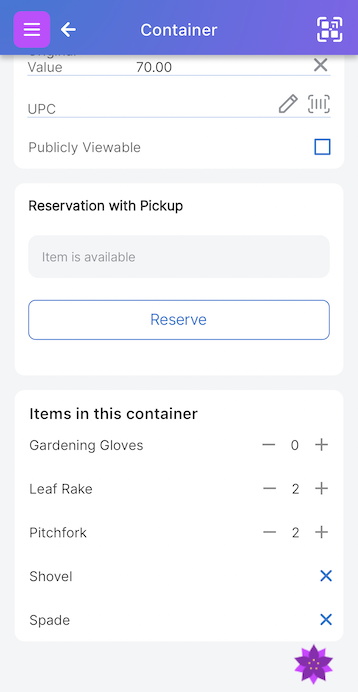Container page showing Pitchfork item with quantity inside Gardening Kit container