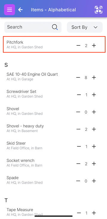 Pitchfork item shown in item list with quantity 2