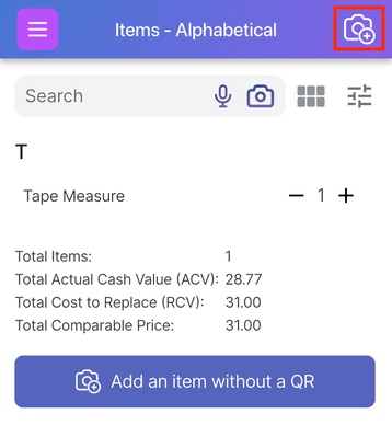 Items page with Camera+ button