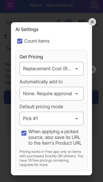 Pricing settings showing the save-URL checkbox