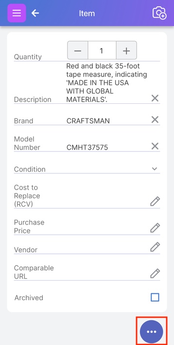 Item page with insurance field labels