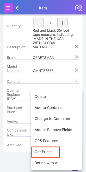 Three-dot menu showing Get Prices