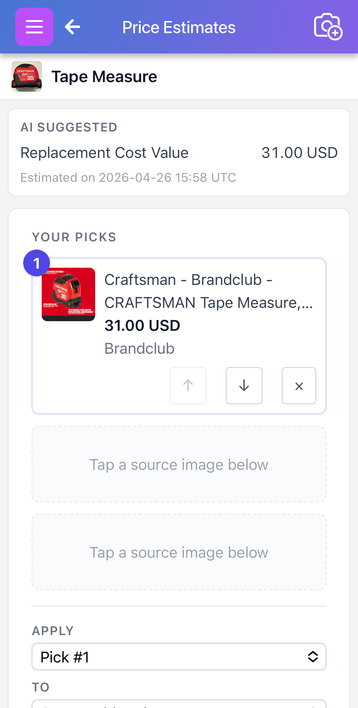 Price Estimates page with AI suggestion at top
