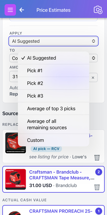 Apply dropdown contents
