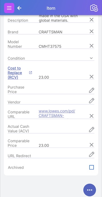 Item page with prices and source URL filled in