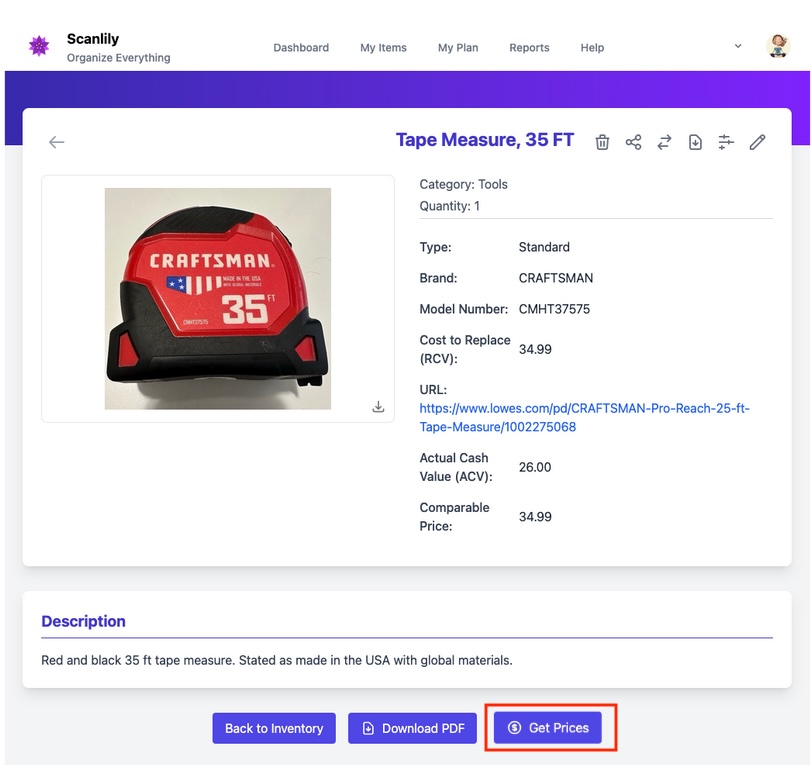 Inventory View item detail with Get Prices button