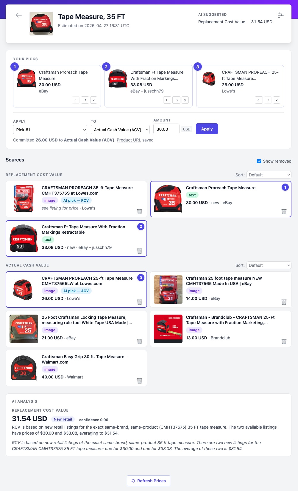 Price Estimates results page on the web