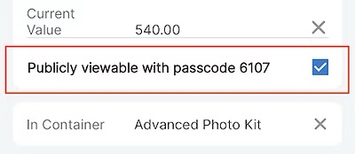 Field for selecting whether to require a passcode for an item
