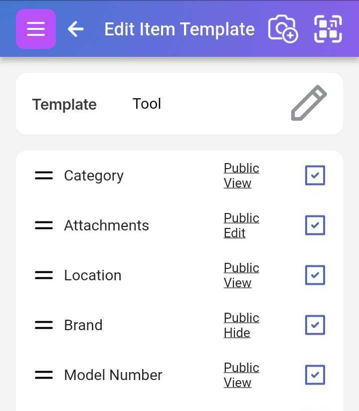 Edit Item Template page showing Public View toggle options for different attributes