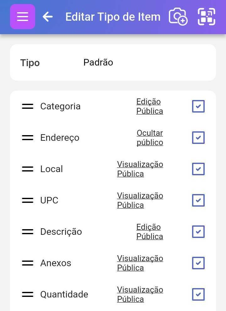 Página Editar Tipo de Item mostrando opções de alternância de Visualização Pública para diferentes atributos