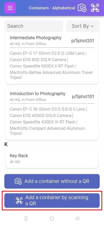 Image showing how to add a container with a QR code by clicking the upper right QR button or using the