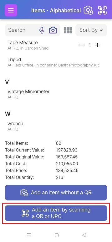 Image showing Add an item by scanning a QR or UPC button at bottom on item list page