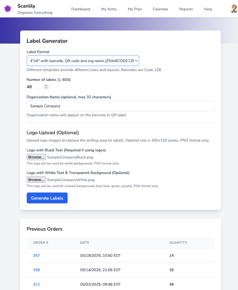 Label Generator page showing options for format, number of labels, organization name, and logo upload