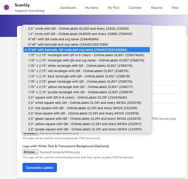 Label Generator showing format dropdown with various label options