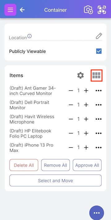 Recognized items in container