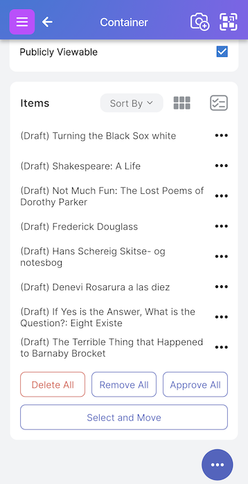 Container showing draft items recognized from bookshelf image with Approve All option