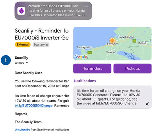 Scanlily maintenance notification email and push notification as well as on app dashboard