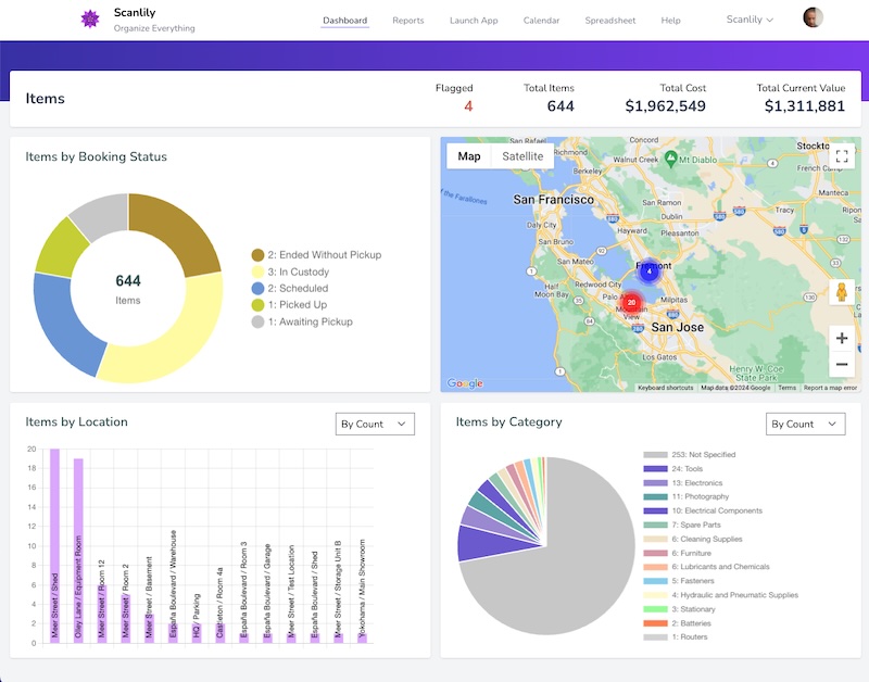 maintenance_dashboard.png Scanlily User Website dashboard showing item locations on map and bargraph of items by location