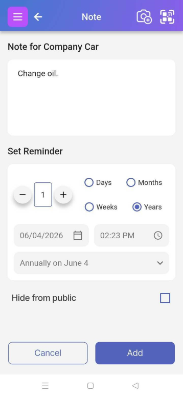 Image shows area for adding the reminder